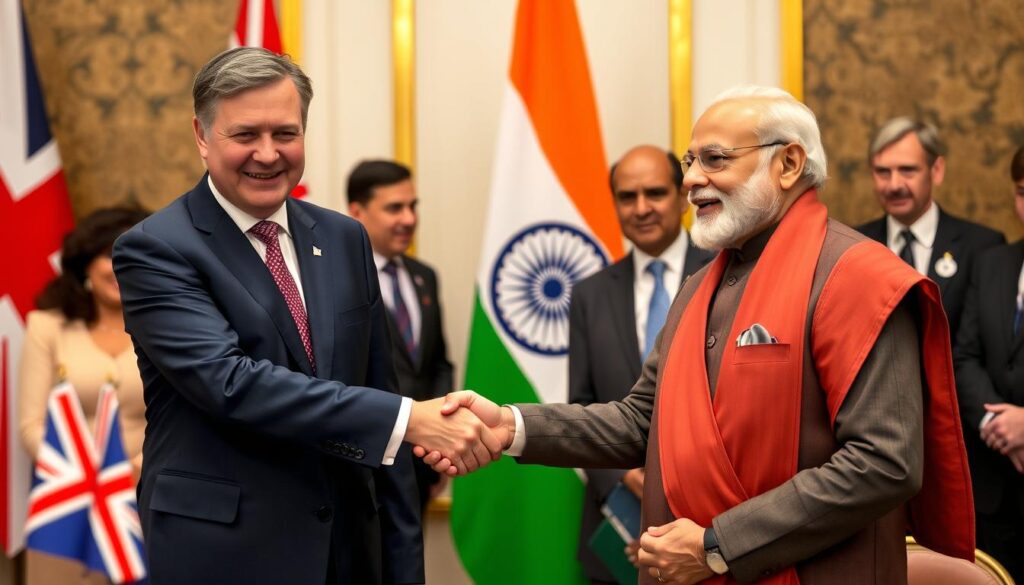 UK and Indian Prime Ministers shaking hands after signing the Free Trade Agreement