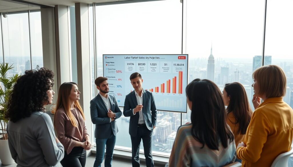 A modern office interior with a professional working atmosphere. In the foreground, a group of young, diverse professionals are discussing salary trends and career prospects in the information technology industry, based on current industry data and reports. The middle ground features a large interactive display screen showcasing relevant labor market statistics and projections. The background depicts a panoramic view of a bustling city skyline, symbolizing the global scale of the technology job market. The lighting is warm and natural, creating a sense of collaboration and optimism. The camera angle is slightly elevated, providing an overview of the scene.