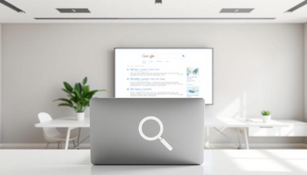 A modern office workspace with a minimalist aesthetic. In the foreground, a desk with a sleek laptop and a stylized magnifying glass icon, symbolizing the use of SEO in digital marketing. The middle ground features a large, high-resolution display showing a search engine results page, highlighting the importance of optimizing content for search visibility. In the background, a clean and airy environment with simple geometric shapes and neutral colors, creating a calm and professional atmosphere. The lighting is soft and diffused, emphasizing the digital nature of the scene. The overall composition conveys the integration of SEO strategies into a contemporary marketing approach.