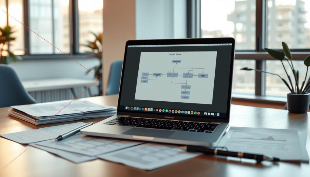 A professional-looking office scene with a laptop, spreadsheet, and various business documents on a desk. The laptop screen displays a flow chart or diagram, representing the analysis of a business process. Soft, natural lighting filters through large windows, creating a warm, productive atmosphere. Subtle lines and geometric shapes frame the central elements, suggesting the systematic, methodical nature of the "analisis sistem" process. The overall composition conveys a sense of thoughtful problem-solving and the bridging of technology and business needs.