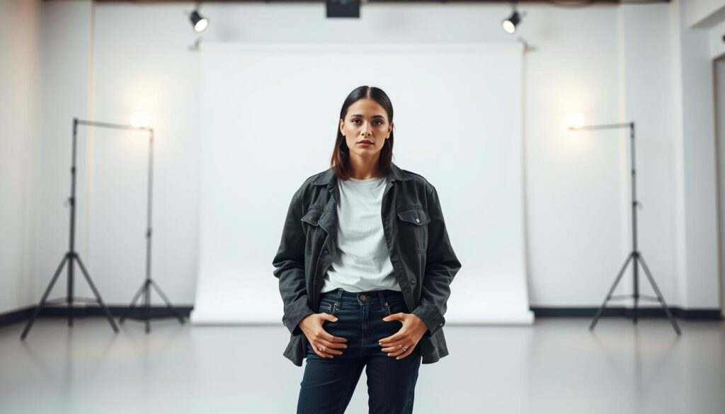 A stylish influencer standing confidently in a modern, minimalist studio setting. The subject is positioned in the foreground, wearing a trendy, casual outfit and striking a confident pose. The middle ground features a backdrop of clean, white walls and subtle lighting fixtures, creating a bright and airy atmosphere. The background blurs out, maintaining focus on the influencer. The lighting is soft and flattering, highlighting the subject's features and creating a sense of professionalism and sophistication. The overall mood is polished, aspirational, and reflective of the latest trends in influencer marketing.