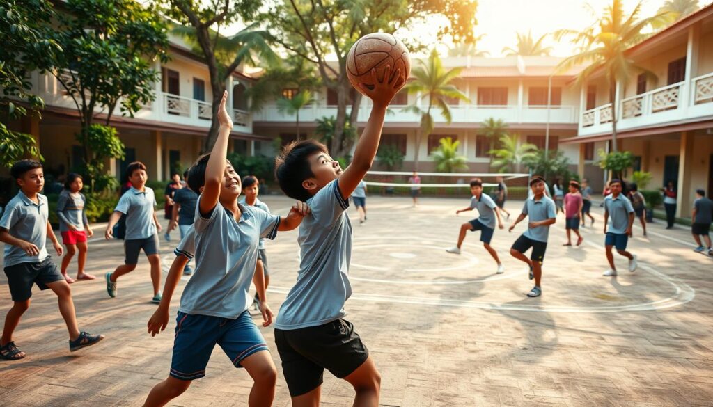 A vibrant schoolyard scene, where students energetically engage in a traditional Indonesian sport - sepak takraw. The foreground features a group of teenagers, their limbs gracefully synchronized as they expertly kick and volley the rattan ball, their faces alight with determination. The middle ground showcases the intricate court, surrounded by a backdrop of lush greenery and sun-dappled buildings, capturing the essence of a thriving school community. Soft, warm lighting bathes the scene, creating a sense of youthful exuberance and the joy of physical activity. The overall atmosphere conveys the deep-rooted cultural heritage and the enduring spirit of this beloved national pastime.