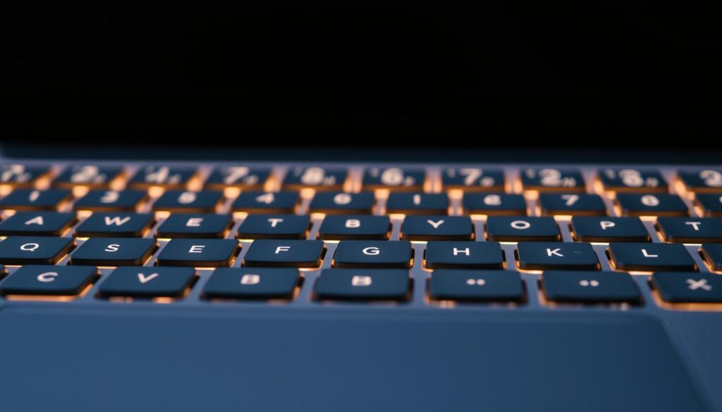 A closeup shot of a modern haptic keyboard for iOS devices, with a smooth, minimalist design and a soft, matte finish. The keys are evenly spaced, with a subtle tactile response that can be felt through the fingertips. The keyboard is illuminated by a warm, ambient glow, creating a inviting and intuitive user experience. The background is blurred, keeping the focus on the keyboard's tactile and visual details. The overall mood is one of precision, comfort, and a seamless integration of technology and ergonomics.