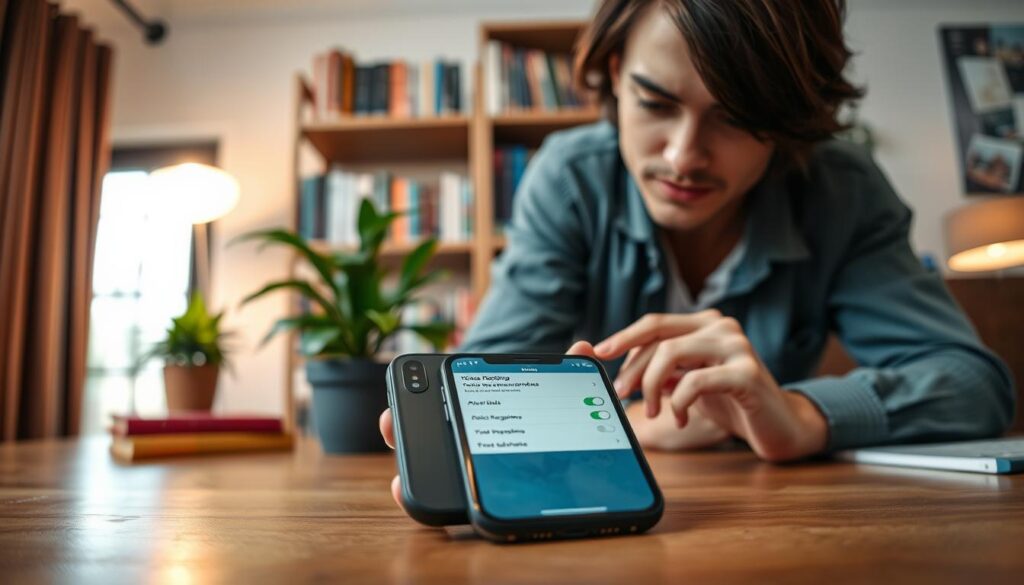 A cozy workspace featuring a modern iPhone on a wooden desk, with a professional person in casual attire leaning over the device, thoughtfully adjusting voice recognition settings. The foreground includes clear details of the iPhone screen displaying a user-friendly interface for creating a voice passphrase. In the middle ground, a soft-focus bookshelf filled with tech books adds depth, while a potted plant brings a touch of nature. The background features a well-lit room with warm, ambient lighting, creating an inviting and focused atmosphere. The angle captures the expression of concentration on the person's face, highlighting the importance of the voice passphrase creation process.
