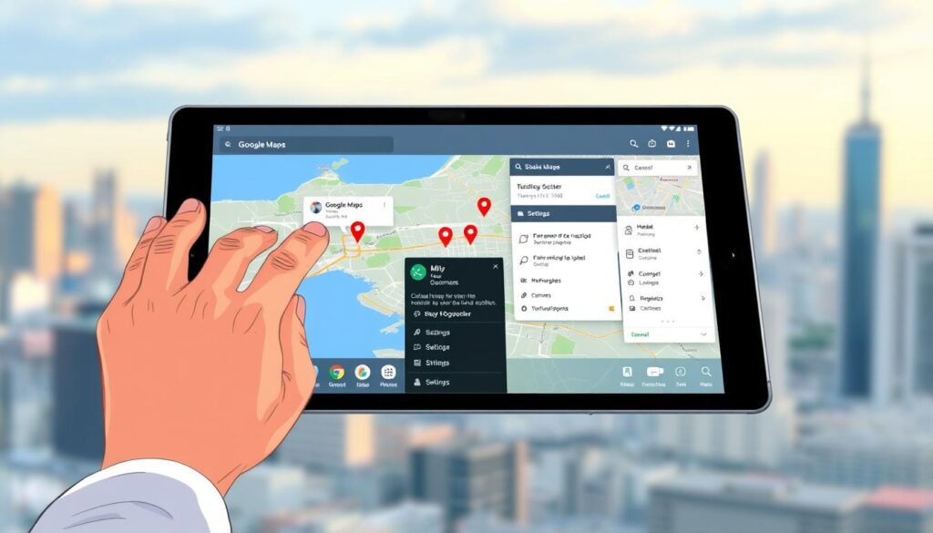 A detailed, well-lit digital illustration depicting the process of solving a problem using Google Maps. In the foreground, a person is interacting with a large Google Maps interface on a tablet or smartphone, gesturing and manipulating the map with their hands. In the middle ground, smaller windows and UI elements show various tools and options for customizing the map, sharing locations, and managing settings. The background features a blurred cityscape or landscape, conveying the real-world context in which the Google Maps application is being used. The overall scene should have a clean, modern, and intuitive aesthetic, reflecting the user-friendly nature of the Google Maps platform. A detailed, well-lit digital illustration depicting the process of solving a problem using Google Maps. In the foreground, a person is interacting with a large Google Maps interface on a tablet or smartphone, gesturing and manipulating the map with their hands. In the middle ground, smaller windows and UI elements show various tools and options for customizing the map, sharing locations, and managing settings. The background features a blurred cityscape or landscape, conveying the real-world context in which the Google Maps application is being used. The overall scene should have a clean, modern, and intuitive aesthetic, reflecting the user-friendly nature of the Google Maps platform.