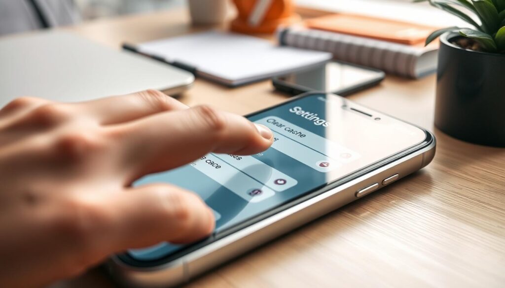 A focused close-up of a modern iPhone resting on a tidy desk, surrounded by digital elements representing cache data. The screen displays the "Settings" app open to the "Storage" section, with visual icons for clearing cache. In the foreground, a hand gently taps on the screen, symbolizing the action of clearing cache. The background features a softly blurred workspace with a laptop, some notepads, and a plant, creating a vibrant yet calm atmosphere. Soft, natural lighting illuminates the scene, enhancing the sleek design of the iPhone. The mood is professional and informative, ideal for a tech-savvy audience. No text, logos, or watermarks are present.