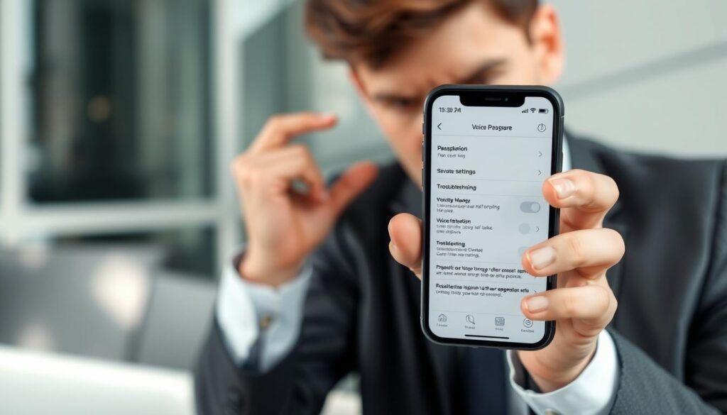 A focused scene showcasing a frustrated user troubleshooting their iPhone's voice passphrase feature. In the foreground, a person dressed in professional business attire is holding their iPhone with a furrowed brow. The middle ground displays a close-up view of the iPhone screen, highlighting the voice passphrase settings and troubleshooting icons. The background is softly blurred, suggesting a modern office environment with natural lighting filtering through a window, creating a calm yet slightly tense atmosphere. The lighting emphasizes the details on the phone while casting gentle shadows, enhancing the sense of concentration. The overall mood conveys the challenge of resolving technical issues, specifically related to voice recognition on an iPhone.