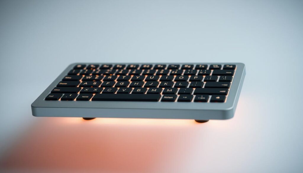 A haptic keyboard, its keys tactilely responsive, gently vibrating under fingertips as they glide across a sleek, minimalist surface. Warm indirect lighting casts a soft glow, highlighting the intricate mechanisms beneath. The keyboard appears to float, suspended in a clean, airy space, its refined design hinting at the technological marvel within. Precise camera angles capture the interplay of form and function, inviting the viewer to imagine the satisfying sensation of typing on this advanced, immersive interface.