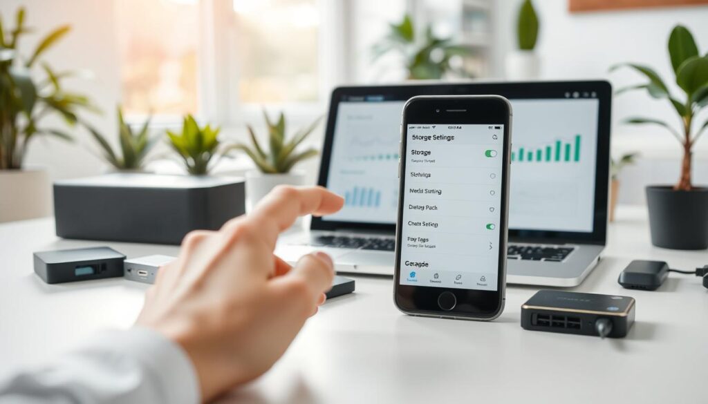A neatly organized workspace featuring an iPhone prominently displaying its storage settings on the screen, surrounded by various media storage devices like external hard drives and USB flash drives. In the foreground, a hand gently touches the iPhone, highlighting user engagement. The middle ground includes a laptop with visual graphs illustrating storage optimization techniques. The background showcases a bright, airy office environment with indoor plants and soft natural light streaming through a window, creating a calm, focused atmosphere. Use a shallow depth of field to emphasize the iPhone and its screen while blurring the background slightly. The overall mood is professional and informative, reflecting a sense of efficiency and organization in digital media management.