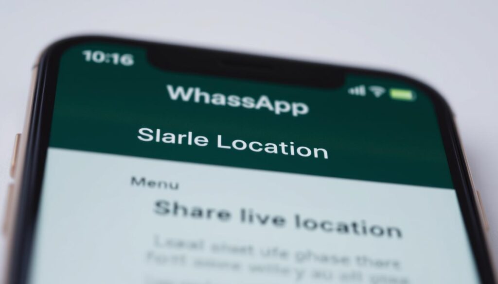 A realistic, highly detailed, close-up screenshot of the WhatsApp iOS app interface, showcasing the real-time location sharing feature. The interface should appear crisp, with accurate colors and textures. The screen shows the "Share Location" button and menu options, highlighting the "Share Live Location" feature. The background should be slightly blurred, emphasizing the app UI. The lighting should be natural and soft, creating a clean, professional look. The camera angle should be angled slightly from the top, providing a clear view of the app's key functionality. A realistic, highly detailed, close-up screenshot of the WhatsApp iOS app interface, showcasing the real-time location sharing feature. The interface should appear crisp, with accurate colors and textures. The screen shows the "Share Location" button and menu options, highlighting the "Share Live Location" feature. The background should be slightly blurred, emphasizing the app UI. The lighting should be natural and soft, creating a clean, professional look. The camera angle should be angled slightly from the top, providing a clear view of the app's key functionality.