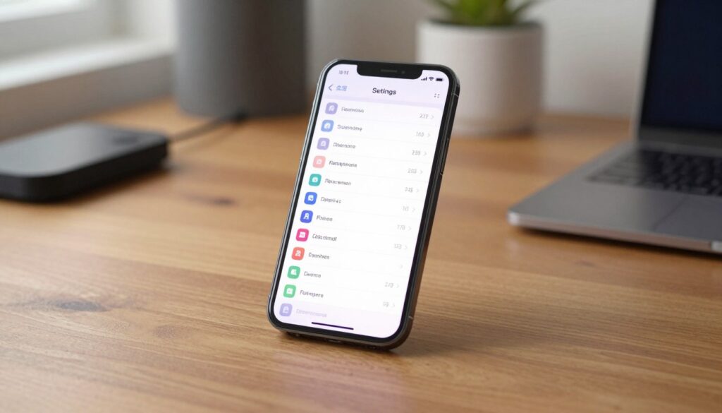 A close-up of an iPhone 13 displaying the settings menu, with focus on optimizing settings for performance. The phone is placed on a sleek wooden desk surrounded by subtle tech accessories, like a laptop and a wireless charger. In the background, a blurred soft-lit room suggests a quiet workspace. Natural light filters through a nearby window, casting gentle shadows. The mood is calm yet engaging, emphasizing the optimization theme. The iPhone screen is vibrant, showing graphical settings highlighted for clarity, but no text is visible. The scene conveys professionalism and a tech-savvy atmosphere, suitable for a guide on improving device performance.