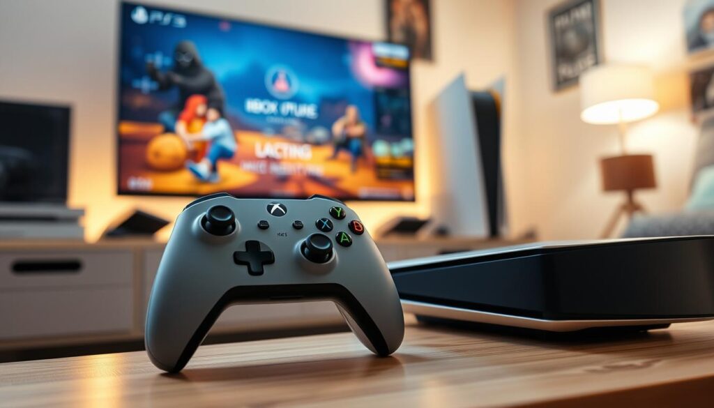 A cozy gaming setup featuring an Xbox controller positioned alongside a PlayStation 5 console, highlighting the connection method. In the foreground, focus on the Xbox controller with its buttons and grips prominently displayed, while the sleek PS5 console rests beside it. The middle ground features a stylish, modern gaming desk with a high-definition monitor showing a vibrant game loading screen. The background showcases soft ambient lighting, lending a warm atmosphere to the room, with subtle hints of posters or gaming memorabilia on the walls. The scene is captured from a slightly elevated angle to offer a comprehensive view, using realistic colors and crisp details, aiming to evoke a sense of excitement and ingenuity in gaming. A cozy gaming setup featuring an Xbox controller positioned alongside a PlayStation 5 console, highlighting the connection method. In the foreground, focus on the Xbox controller with its buttons and grips prominently displayed, while the sleek PS5 console rests beside it. The middle ground features a stylish, modern gaming desk with a high-definition monitor showing a vibrant game loading screen. The background showcases soft ambient lighting, lending a warm atmosphere to the room, with subtle hints of posters or gaming memorabilia on the walls. The scene is captured from a slightly elevated angle to offer a comprehensive view, using realistic colors and crisp details, aiming to evoke a sense of excitement and ingenuity in gaming.