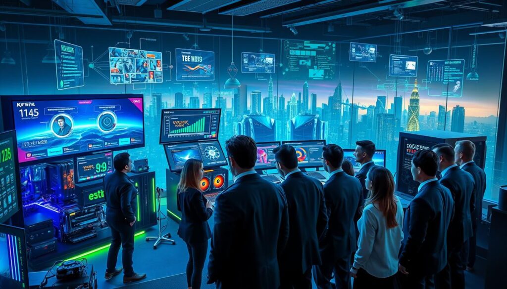 A detailed scene depicting the concept of &quot;PC compatibility&quot; in a tech-focused environment. In the foreground, a diverse group of professionals in business attire are examining a large computer setup, showcasing various components like graphics cards, motherboards, and software interfaces. The middle ground features an array of gaming monitors displaying compatibility charts and VR interfaces, with vibrant colors illuminating the space. In the background, futuristic cityscapes hint at the digital evolution, with lines of code and user interfaces floating in the air, creating a sense of innovation. The lighting is bright and techy, with cool blue and green tones, reflecting a modern, dynamic atmosphere. The image conveys a sense of collaboration and forward-thinking within the tech industry.