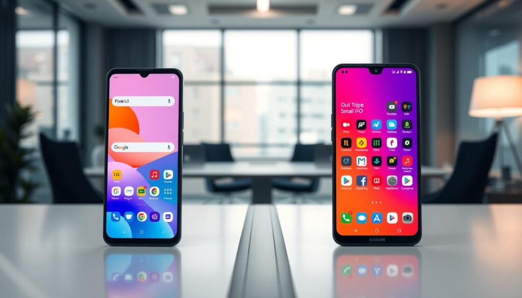 A detailed split-screen image showcasing the user interfaces of Pixel UI and One UI 6.1 on modern smartphones. In the foreground, display a vibrant Pixel UI phone with a clean, minimalist interface, featuring colorful app icons and clear navigation elements, emphasizing its bloatware-free design. On the opposite side, present a One UI 6.1 smartphone with a more intricate interface, showcasing additional applications and custom features, highlighting its bloatware. The middle ground should depict a sleek, modern desk with both devices placed side by side, with a soft-focus background of a well-lit, contemporary office environment. Use bright, natural lighting to create a clean and professional atmosphere, with a slight shadow effect to add depth. The overall mood should convey clarity and comparison, focusing on the unique differences between the two UIs.