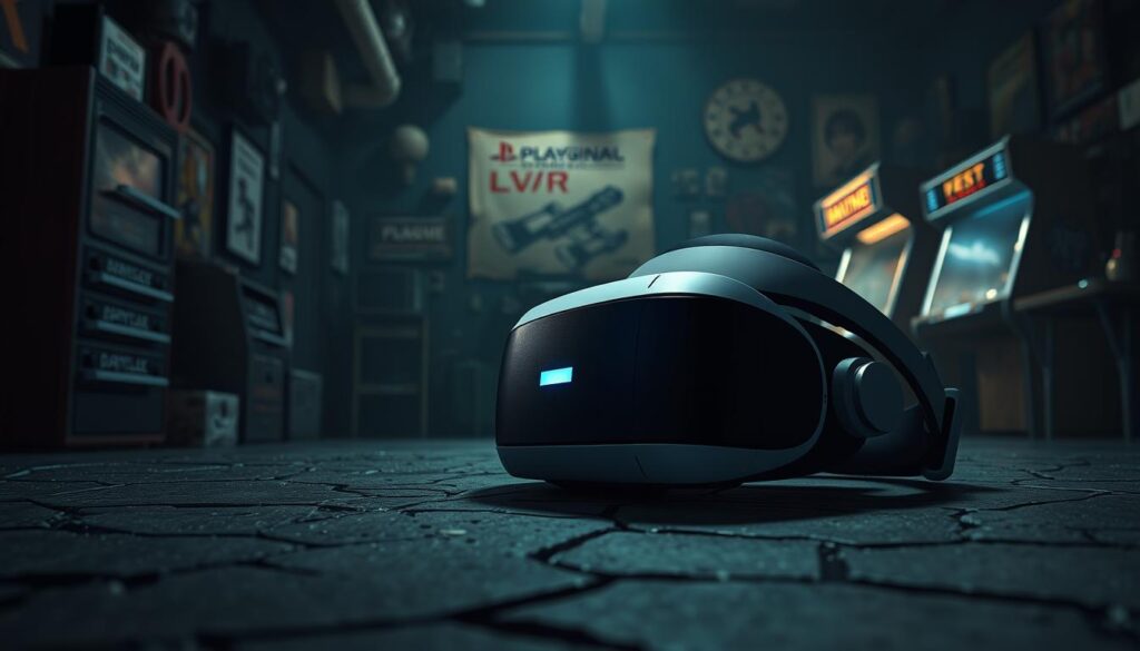 A dramatic artistic depiction of the decline in PlayStation VR, set in a virtual gaming environment. In the foreground, a broken PlayStation VR headset rests on a cracked surface, symbolizing its descent in popularity. The middle ground features a dimly lit room filled with outdated gaming memorabilia, with shadows casting an eerie atmosphere. A soft beam of light illuminates a faded poster of the original PSVR, hinting at nostalgia. In the background, the outlines of an arcade with flickering lights evoke a sense of lost potential. The angle should be slightly tilted, resembling a cinematic perspective. The overall mood of the image should convey a sense of melancholy and reflection on the ups and downs of gaming technology.