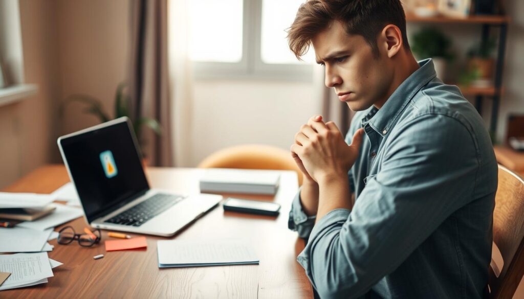 A frustrated smartphone user, depicted as a young professional in modest casual clothing, sits at a wooden desk cluttered with notes and a laptop displaying an error message related to a problematic app update. The foreground shows a close-up of the user's worried expression with furrowed brows and hands clasped together in distress. In the middle ground, the laptop screen clearly displays the app icon and a warning symbol to emphasize the issue. The background features a softly lit room with a warm ambiance, suggesting late afternoon light filtering through a window. The overall mood conveys frustration and confusion, highlighting the negative impact of technology issues on user experience.