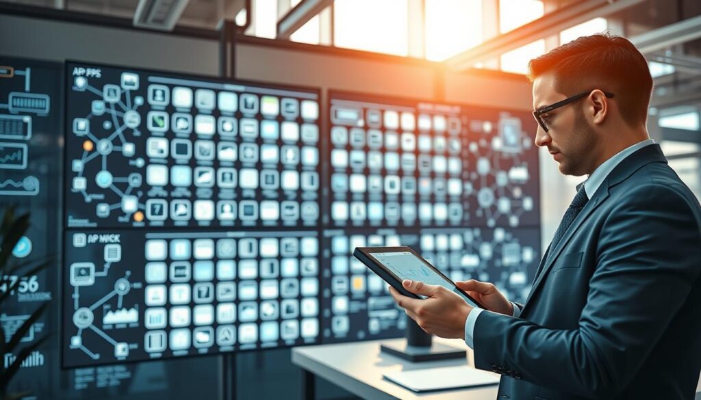 A modern and sleek office environment filled with digital interfaces analyzing system applications. In the foreground, a professional person in business attire is using a tablet, analyzing data with graphs and charts illustrating app performance metrics. The middle ground features a large screen displaying a matrix of 50 app icons, interconnected with lines indicating their relationships and performance outcomes. The background shows technology-rich decor, including abstract representations of software development processes, with a soft blue and white color scheme. Natural light streams through large windows, casting a warm glow that enhances the focused and analytical atmosphere, suggesting an intensive and thoughtful analysis of systemic applications. Capture this scene with a slight depth of field to emphasize the foreground activity, conveying a sense of purpose and clarity.