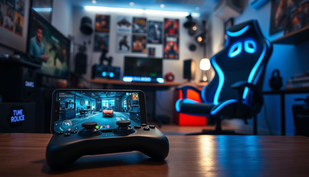 A modern gaming setup in a cozy, dimly lit room. In the foreground, a sleek gaming smartphone on a gaming controller, showcasing a vibrant, high-resolution game screen. The middle ground features a stylish gaming chair, adorned with LED lights reflecting a cool blue hue, and a desk with gaming accessories like headphones and a mouse. The background reveals a wall decorated with gaming posters and a shelf filled with collectibles. Soft ambient lighting enhances the atmosphere, creating a focused yet relaxed mood suitable for gaming. The image should be shot from a slightly elevated angle to capture the entire scene, emphasizing a seamless and immersive gaming experience.