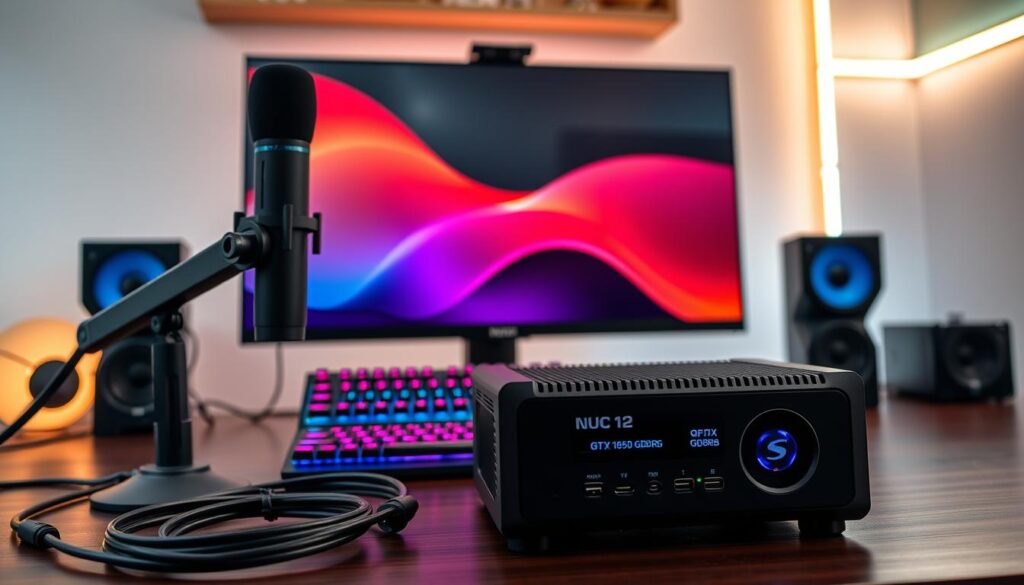 A sleek and modern dual PC streaming setup, featuring a compact NUC 12 computer and a GTX 1650 GDDR6 graphics card. In the foreground, showcase a meticulously organized workspace with the NUC prominently displayed alongside high-quality cables and a professional microphone on an arm. The middle layer includes a stylish monitor displaying vibrant color gradients and a gaming keyboard with RGB backlighting. In the background, add soft-focused LED strip lights for an appealing ambiance, incorporating a warm glow. The scene is illuminated with soft, diffused lighting to create an inviting atmosphere. Capture the angle from slightly above to emphasize the hardware's sleek design, while ensuring the overall image conveys efficiency and professionalism in an energy-saving streaming setup.