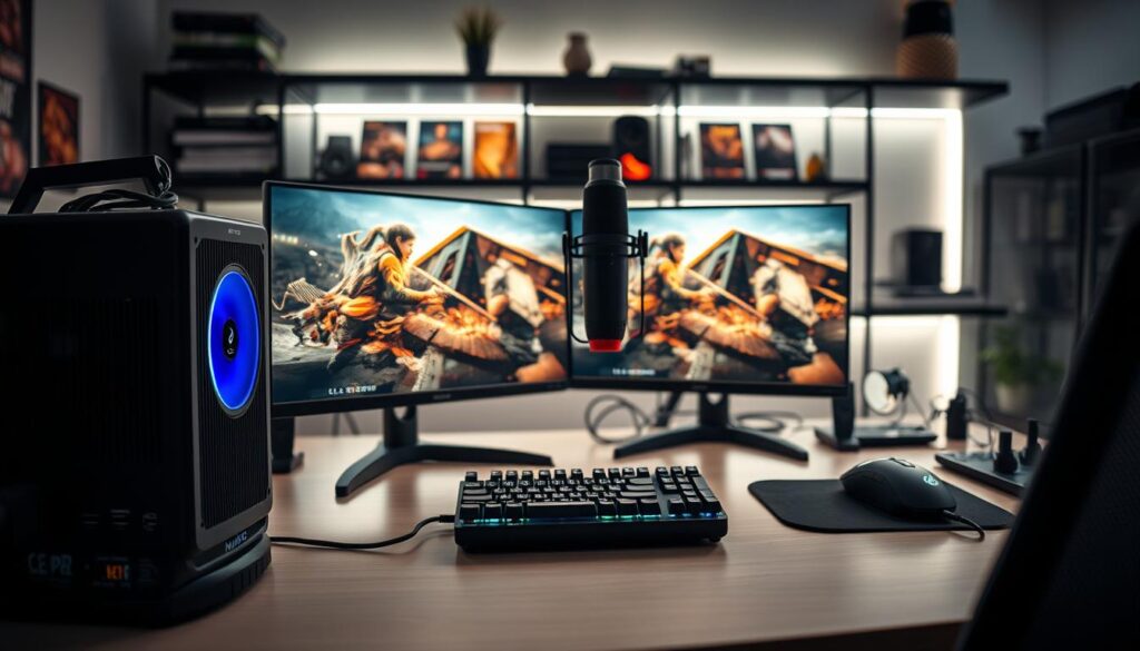 A sleek dual PC streaming setup, prominently featuring a compact NUC 12 unit alongside a powerful GTX 1650 GDDR6 graphics card. In the foreground, display an organized desktop with high-quality cables, a dual monitor setup showcasing vibrant 1080p60 graphics, and a professional-grade microphone. The middle section includes a stylish gaming keyboard and mouse, all illuminated by soft RGB lighting, creating a high-tech atmosphere. The background should have a modern, minimalist design with shelves holding video games and collectibles. Utilize a cinematic angle with dramatic, cool lighting to enhance the tech vibe, while maintaining a clean and efficient workspace. The scene conveys productivity and innovation in dual PC streaming.