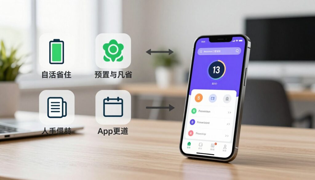 A visually appealing and informative illustration depicting tips for optimizing mobile device performance. In the foreground, a well-organized workspace featuring a sleek iPhone 13 with a bright screen showing a performance optimization app in use. In the middle ground, clear icons representing optimization techniques like battery saving, storage management, and app updates, with arrows pointing towards the smartphone. The background showcases a modern, soft-lit office environment to enhance focus and clarity, with hints of greenery to convey a fresh atmosphere. The image captures a professional yet inviting mood, with natural lighting that highlights the device's sleek design, shot at a slight angle to showcase the screen effectively.