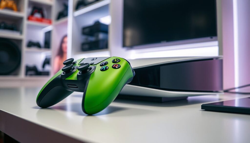 An Xbox controller and a PS5 console placed side by side on a sleek gaming desk. The Xbox controller, with its distinct green and black color scheme, is detailed and realistic, showcasing the buttons and joystick clearly. The PS5, in contrast, is prominently white with blue LED accents. Soft, ambient lighting bathes the scene, creating a contemporary and tech-savvy atmosphere. A blurred background features shelves filled with gaming accessories, adding depth without distraction. The angle is slightly above the desk, capturing both devices in sharp focus. The overall mood is one of curiosity and consideration, reflecting the theme of evaluating the use of an Xbox controller with a PS5. An Xbox controller and a PS5 console placed side by side on a sleek gaming desk. The Xbox controller, with its distinct green and black color scheme, is detailed and realistic, showcasing the buttons and joystick clearly. The PS5, in contrast, is prominently white with blue LED accents. Soft, ambient lighting bathes the scene, creating a contemporary and tech-savvy atmosphere. A blurred background features shelves filled with gaming accessories, adding depth without distraction. The angle is slightly above the desk, capturing both devices in sharp focus. The overall mood is one of curiosity and consideration, reflecting the theme of evaluating the use of an Xbox controller with a PS5.