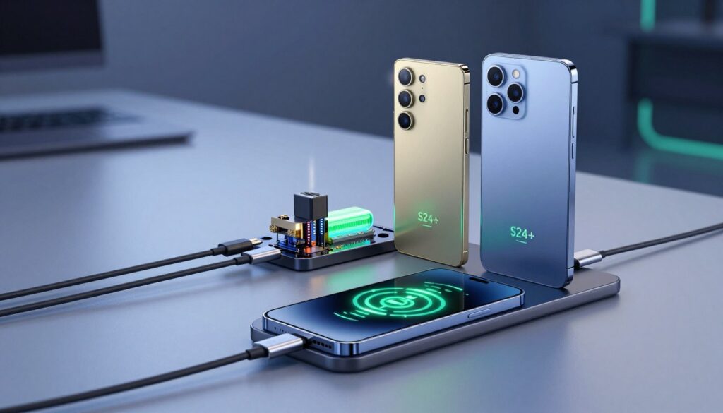 A modern smartphone battery charging technology scene, featuring a sleek Samsung S24+ and a stylish Xiaomi 14 Pro positioned on a minimalist charging pad. In the foreground, the smartphones should display glowing charging indicators, emphasizing their advanced technology. The middle layer includes a visually engaging depiction of fast charging cables and intricate electronic components, illustrating the internal mechanics of fast charging. The background is a softly blurred, high-tech environment with ambient blue and green lighting, enhancing the futuristic atmosphere. A subtle lens flare adds depth, capturing the excitement of cutting-edge battery technology. The overall mood is one of innovation and efficiency, perfect for highlighting modern advancements in battery and charging tech. A modern smartphone battery charging technology scene, featuring a sleek Samsung S24+ and a stylish Xiaomi 14 Pro positioned on a minimalist charging pad. In the foreground, the smartphones should display glowing charging indicators, emphasizing their advanced technology. The middle layer includes a visually engaging depiction of fast charging cables and intricate electronic components, illustrating the internal mechanics of fast charging. The background is a softly blurred, high-tech environment with ambient blue and green lighting, enhancing the futuristic atmosphere. A subtle lens flare adds depth, capturing the excitement of cutting-edge battery technology. The overall mood is one of innovation and efficiency, perfect for highlighting modern advancements in battery and charging tech.