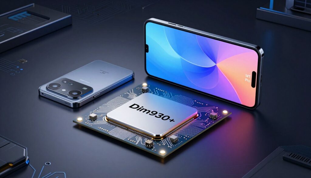 A sleek, modern chipset labeled "Dimensity 9300+" prominently displayed in a high-tech environment. The foreground features the chipset itself, showcasing intricate circuitry and prominent branding details, glistening under soft LED lighting to highlight its advanced design. In the middle ground, a stylish smartphone, the Xiaomi 14T Pro, rests next to the chipset, angled to reveal its slim profile and vibrant screen. The background portrays a tech-inspired workspace with subtle hints of digital graphics and circuit patterns, evoking a sense of innovation and performance. The lighting is cool and futuristic, creating an atmosphere of sophistication and cutting-edge technology. The angle captures both the chipset and smartphone harmoniously, presenting them as symbols of high performance and modernity.
