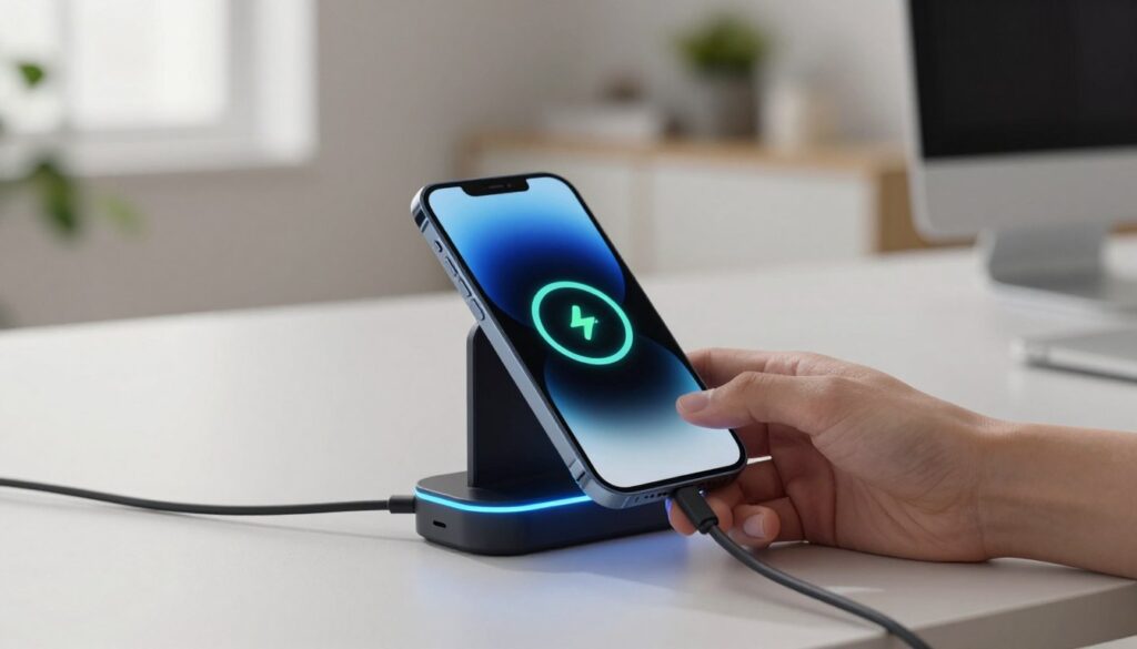 A sleek, modern smartphone is plugged into a fast-charging dock on a stylish desk. The smartphone's screen displays a vibrant charging indicator, glowing in a cool blue hue. In the foreground, a hand gently holds the phone, showcasing the smooth lines of the device. The middle ground features a high-tech charging station that implies advanced technology, with dynamic LED lights illuminating from its base. The background features a softly blurred home office environment with minimalistic decor and subtle plants, creating a calm atmosphere. Soft, natural lighting streams in from a nearby window, enhancing the modern aesthetic. The mood is innovative and high-tech, reflecting the cutting-edge capabilities of rapid charging technology.