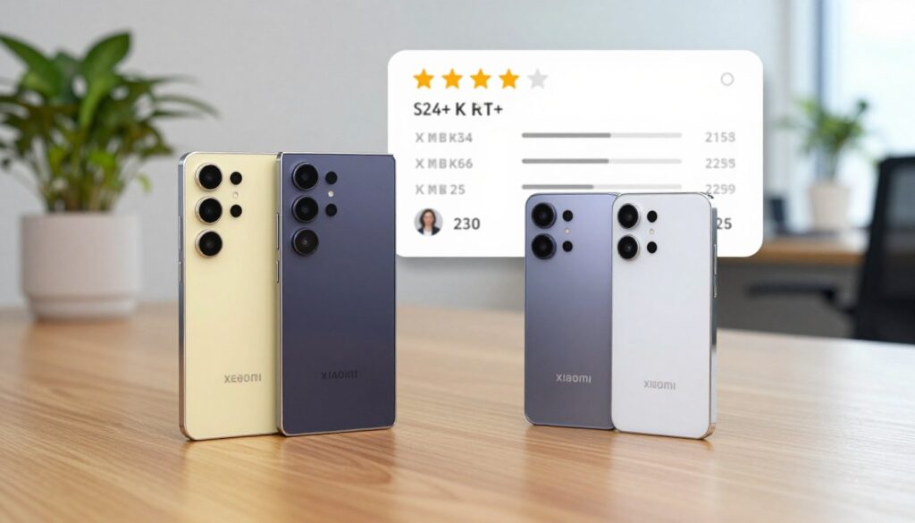A visually striking comparison between two flagship smartphones, the Samsung S24+ and Xiaomi 14 Pro, depicted on a sleek wooden table. In the foreground, the two phones stylishly positioned side by side, showcasing their unique designs and colors under soft, diffused lighting that highlights their sleek surfaces. In the middle ground, a high-quality rating graphic featuring five stars and user review scores subtly integrated into the scene, reflecting consumer feedback and user satisfaction. The background includes a blurred, modern office environment with potted plants and soft natural light, creating a professional yet inviting atmosphere. The overall mood is analytical and informative, perfectly suited for a technology review article. A visually striking comparison between two flagship smartphones, the Samsung S24+ and Xiaomi 14 Pro, depicted on a sleek wooden table. In the foreground, the two phones stylishly positioned side by side, showcasing their unique designs and colors under soft, diffused lighting that highlights their sleek surfaces. In the middle ground, a high-quality rating graphic featuring five stars and user review scores subtly integrated into the scene, reflecting consumer feedback and user satisfaction. The background includes a blurred, modern office environment with potted plants and soft natural light, creating a professional yet inviting atmosphere. The overall mood is analytical and informative, perfectly suited for a technology review article.